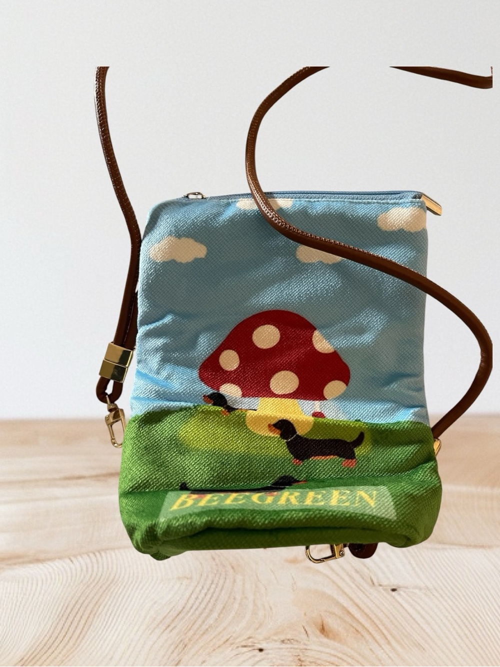 Beegreen Mushroom & Dachshund Crossbody Bag - Light Blue & Green, NWOT - Picture 6 of 9